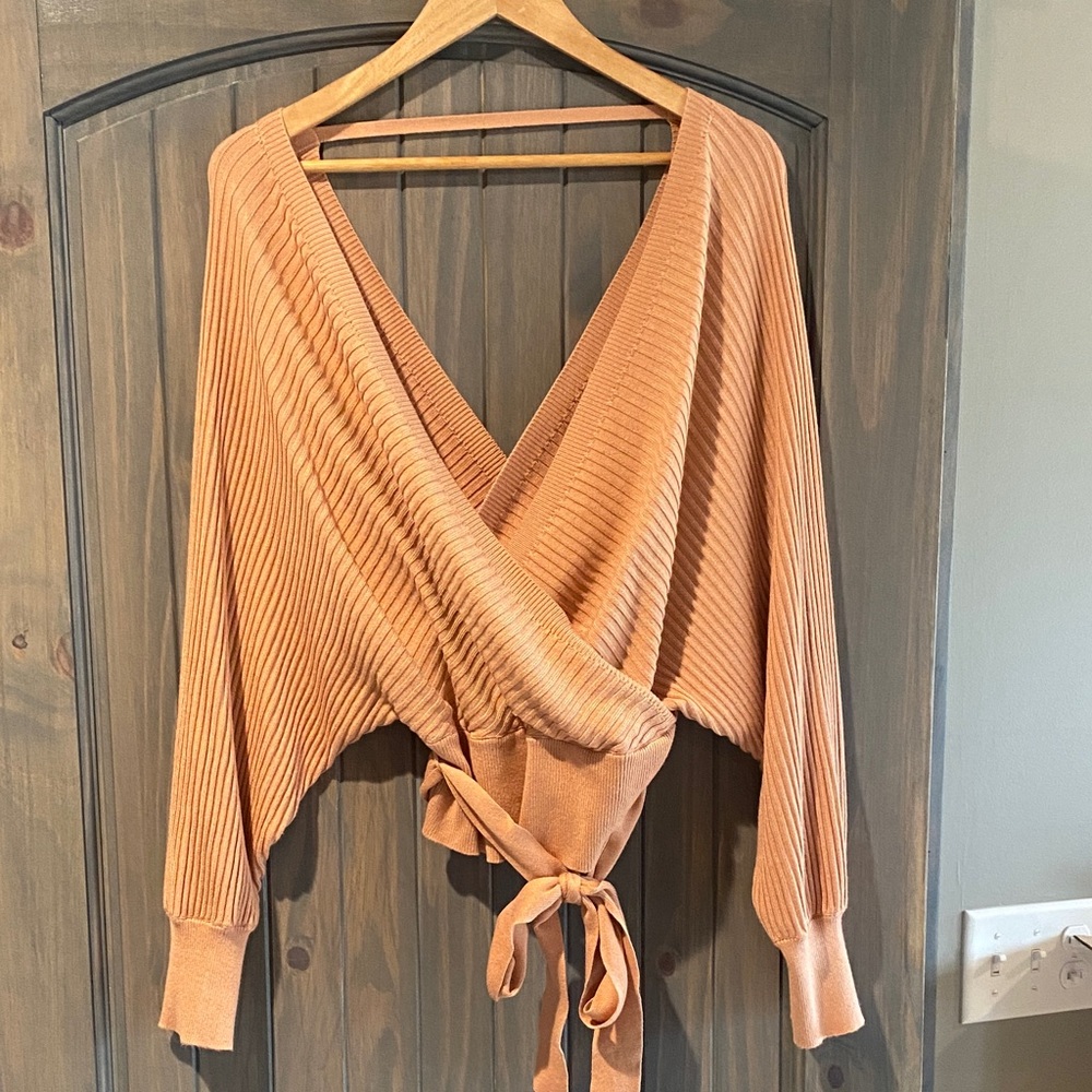 Love Tree Off-the-Shoulder Wrap Sweater in Dusty Peach